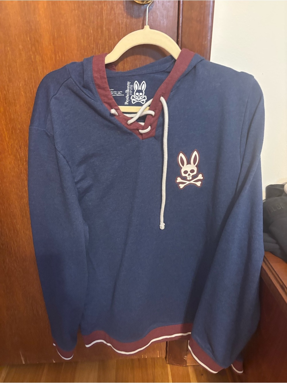 Psycho Bunny Navy Hoodie with Maroon Trim and White Lace